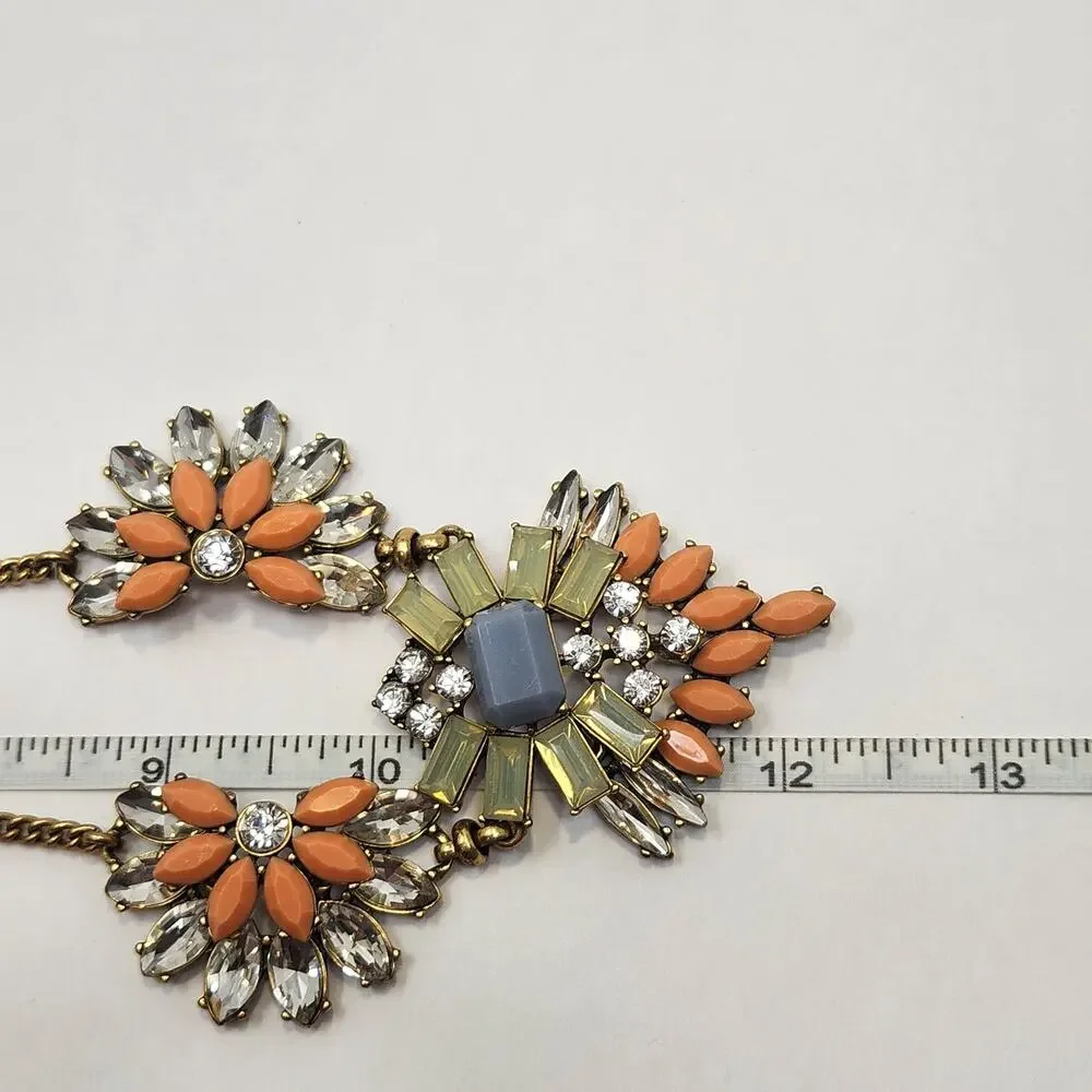 J Crew Orange Green Clear Rhinestone Cluster Statement Necklace Gold Tone